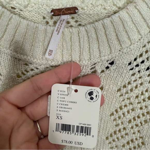 Free People Eloise Ivory Pointelle Puff Sleeve Sweater Top NWT Size Extra Small - Picture 3 of 7